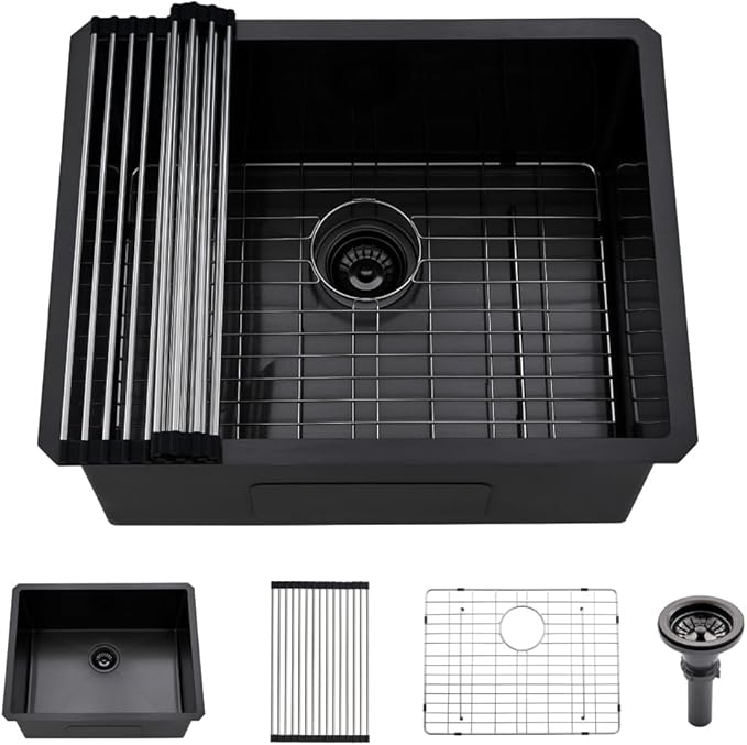 Black Undermount Laundry Sink -HLBLFY 24x18x12 Inch Black Stainless Steel Laundry Room Sink Undermount Utility Sink 16 Gauge Single Bowl Deep Kitchen Sink with Roll Up Rack