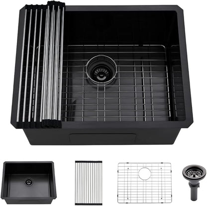 Black Undermount Laundry Sink -HLBLFY 24x18x12 Inch Black Stainless Steel Laundry Room Sink Undermount Utility Sink 16 Gauge Single Bowl Deep Kitchen Sink with Roll Up Rack