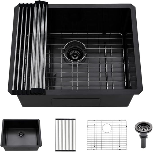 Black Undermount Laundry Sink -HLBLFY 24x18x12 Inch Black Stainless Steel Laundry Room Sink Undermount Utility Sink 16 Gauge Single Bowl Deep Kitchen Sink with Roll Up Rack