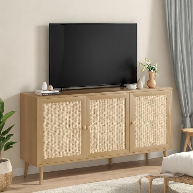 FONTOI Rattan Entryway Table, Entertainment Center with Adjustable Shelf, Sideboard Buffet Cabinet with 3 Rattan Doors, Modern Console Cabinet with Large Storage for Living Room, Kitchen, Brown