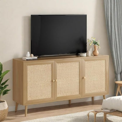 FONTOI Rattan Entryway Table, Entertainment Center with Adjustable Shelf, Sideboard Buffet Cabinet with 3 Rattan Doors, Modern Console Cabinet with Large Storage for Living Room, Kitchen, Brown