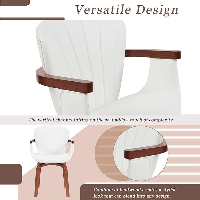 Geelife Mid-Century Bentwood Dining Chair – Heat-Pressed Pu Leather in White+Walnut - Timeless Design & Bentwood Craftsmanship - Dining Rooms, Home Offices, Kitchen Islands - Elegant for Any Season