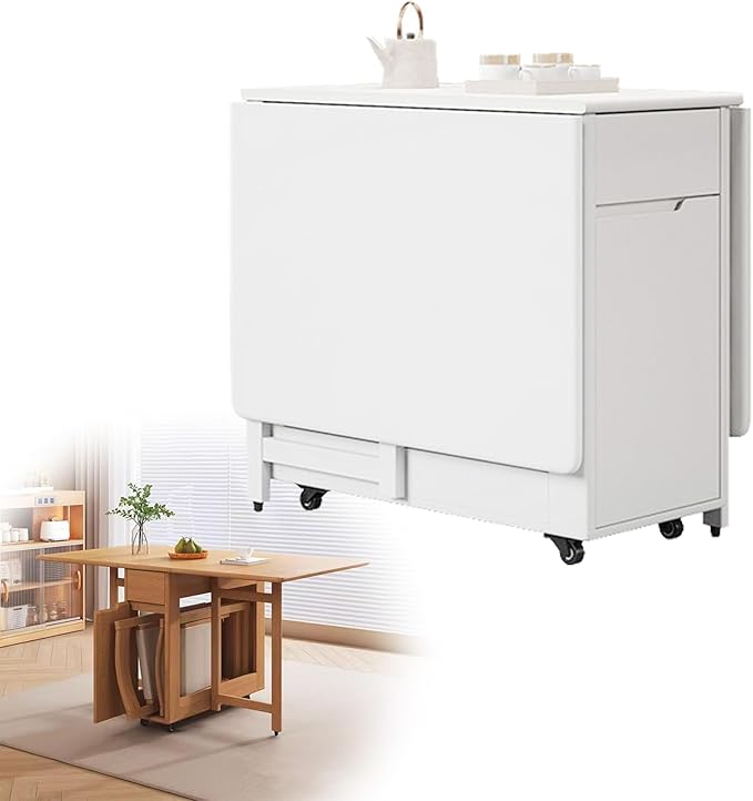 Expandable Table Dining Convertible Tables for Small Spaces Collapsible Kitchen Table Table with Wheels and Drawers Folding Desk Table,White,15cm