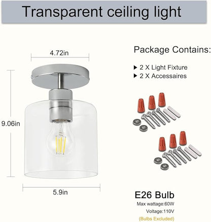 Chrome Semi Flush Mount Ceiling Light,Modern Farmhouse Ceiling Light Fixture for Closet Entryway,Hallway Light Fixture 5.9in Clear Glass Shade 2 Pack