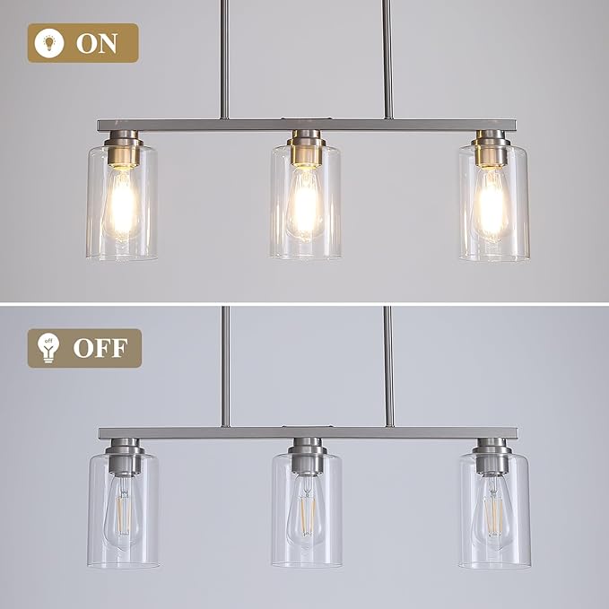Mecgirn Island Light for Kitchen, Brushed Nickel Dining Room Light Fixture Over Table, 3-Light Linear Chandelier Pendant Lighting for Dining Table Kitchen Island Living Room