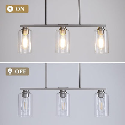 Mecgirn Island Light for Kitchen, Brushed Nickel Dining Room Light Fixture Over Table, 3-Light Linear Chandelier Pendant Lighting for Dining Table Kitchen Island Living Room