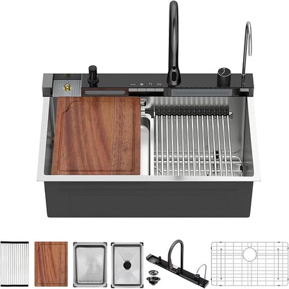 30 Inch Waterfall Kitchen Sink - Beslend 30x19 Drop In Waterfall Sink Stainless Steel Workstation Modern Smart Sinks 16-Gauge Single Bowl with Faucet, Digital Display and Fancy Ambient Light