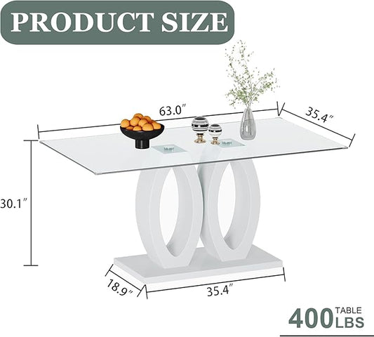 63" Glass Dining Table, Rectangular Kitchen Table with Tempered Glass Tabletop and White O-Shaped MDF Base, Modern Dining Room Table for Kithchen, Living Room