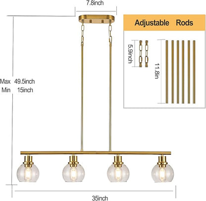 4-Light Linear Chandelier, Gold Chandelier Light Fixture, Kitchen Island Pendant Lighting with Clear Round Glass Shades