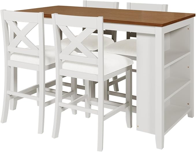 VilroCaz Farmhouse 5-Piece Dining Set, Compact Bar Pub Table With 3-Tier Shelf, Wooden Counter Height Table for 4, Perfect for Small Kitchen Dining Room (White-4 Chairs)