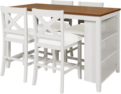 Counter Height Bar Table Set of 5, Rustic Farmhouse Cushion Chairs with X Backs and Footrest for Kitchen,Dinning Room (Walnut Tabletop+White Frame+Beige Fabric)