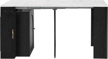Extendable Dining Table with 3 Removable Middle Leaves, Mobile Rolling Island Table with Power Outlet with Storage for Dining Room and Living Room (Black+White Marble)
