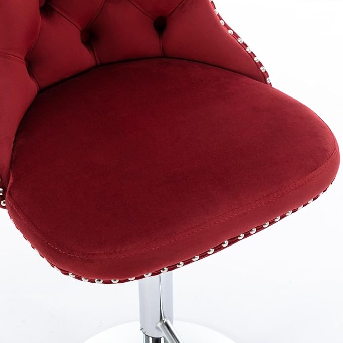 Rhomtree Velvet Swivel Bar Stools with Button Tufted Back and Pull Ring Height Adjustable Barstools 25-33 Inch for Home Pub and Kitchen Island (Burgundy with Silver Base, Set of 2)
