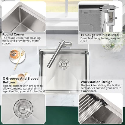 21 Inch Bar Sink Undermount-VASOYO 21x17 Inch Undermount Kitchen Sink Workstation Wet Bar Prep 16 Gauge Stainless Steel Single Bowl Under Mount Rv Sinks with Cutting Board