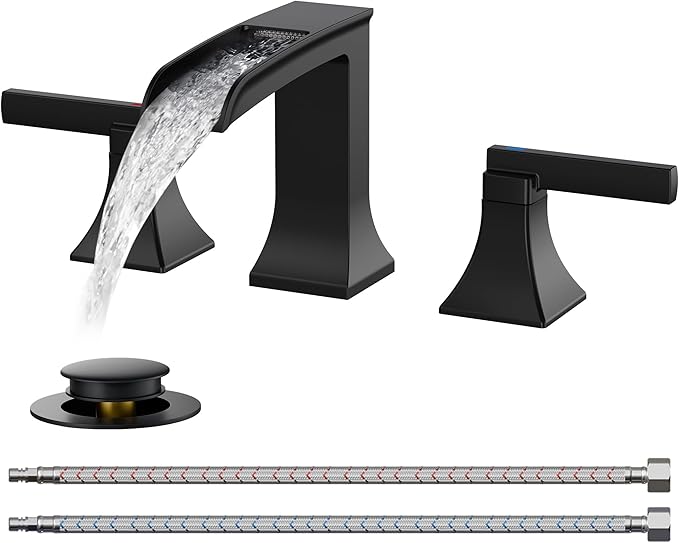 FORIOUS Brass Waterfall Bathroom Faucet for Sink 3 Hole, 2 Handle Square 8 Inch Matte Black Bathroom Faucet Widespread with Pop-up Drain and CUPC Flexible Hoses, Vanity