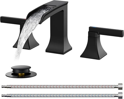 FORIOUS Brass Waterfall Bathroom Faucet for Sink 3 Hole, 2 Handle Square 8 Inch Matte Black Bathroom Faucet Widespread with Pop-up Drain and CUPC Flexible Hoses, Vanity