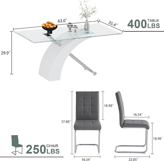 5-Piece Glass Dining Table Set, 63" White Kitchen Table with X-Shape MDF Base, Dining Room Set for 4 with 4 Leather Upholstered Chair for Kitchen, Dining Room (Gray,Silver)