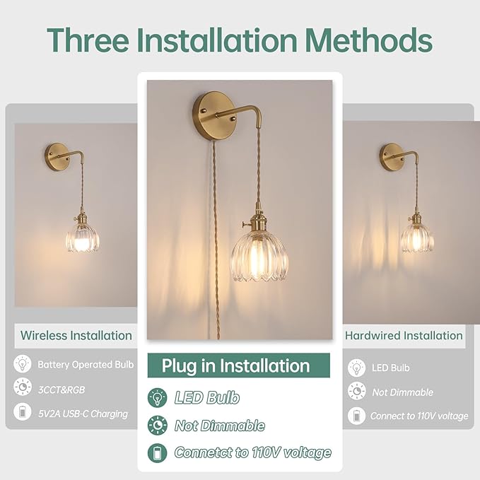 Shenmoyl Vintage Wall Sconce Wall Lamp with Clear Tulip Glass Shade Hanging Wall Sconce with 4.9FT Plug in Cord, Modern Wall Lamp Fixtures Decor for Bedside Bedroom Indoor Doorway
