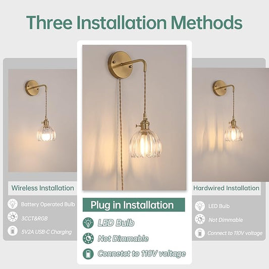 Shenmoyl Vintage Wall Sconce Wall Lamp with Clear Tulip Glass Shade Hanging Wall Sconce with 4.9FT Plug in Cord, Modern Wall Lamp Fixtures Decor for Bedside Bedroom Indoor Doorway