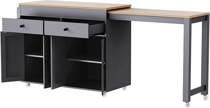 Ball & Cast 75" Kitchen Island with Extendable Dining Table,Rolling Dining Islands Cart On Wheels W/Spice Rack & 2 Drawers,Mobile Storage Kitchen Cart W/ 4 Door Cabinet,for Kitchen,Dining Room,Grey