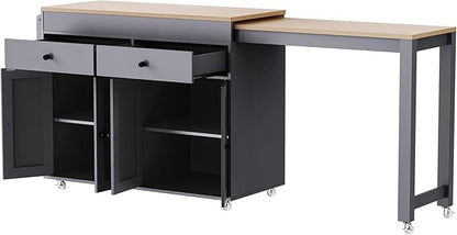 Ball & Cast 75" Kitchen Island with Extendable Dining Table,Rolling Dining Islands Cart On Wheels W/Spice Rack & 2 Drawers,Mobile Storage Kitchen Cart W/ 4 Door Cabinet,for Kitchen,Dining Room,Grey