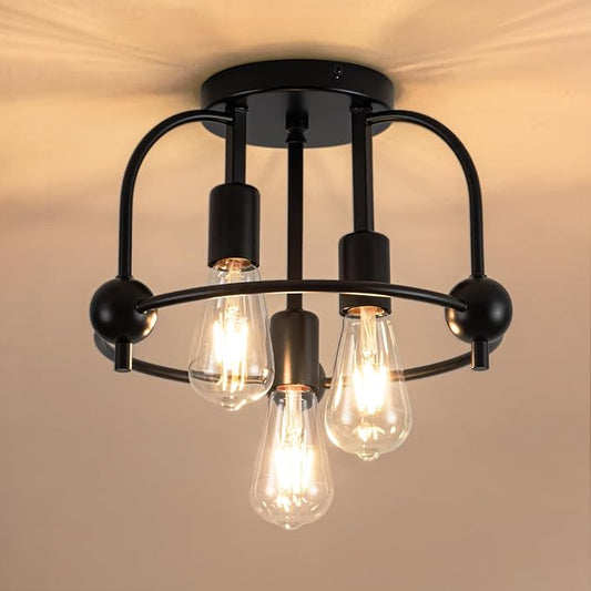 3 Light Industrial Ceiling Light Black Semi Flush Mount Lights Close to Ceiling Light Fixtures,cage Design Farmhouse Ceiling Lighting for Kitchen Bedroom Bathroom Foyer Hallway (E26, 1Pack)
