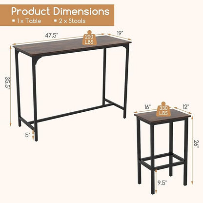 COSTWAY 3-Piece Dining Table Set, 47.5" Industrial Counter-Height Kitchen Table and 2 Bar Stools, High Top Rectangular Pub Table and Chairs for Dining Room Small Place Breakfast Nook Bistro (Coffee)