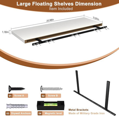 12 Inch Deep Floating Shelves, 36" W x 12" D Wood Floating Shelves for Wall, Large Storage Space Wall Mount Shelf with Invisible Brackets for Living Room Kitchen Bathroom, 1 Pack, White