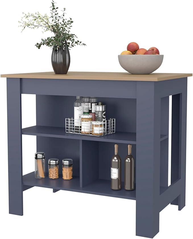 Kronos Ash & Kronos Blue Kitchen Island with Open Shelf
