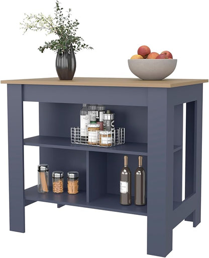 Kronos Ash & Kronos Blue Kitchen Island with Open Shelf