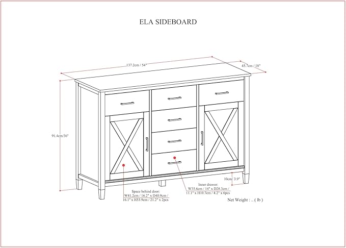 SIMPLIHOME Ela Buffet - 54 inch Wide Solid Wood 3-Door Sideboard Buffet in Smoky Brown, Transitional Storage Cabinet for Dining Room or Kitchen with Adjustable Shelves and Brushed Metal Hardware