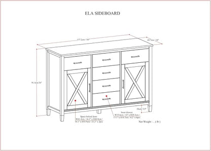 SIMPLIHOME Ela Buffet - 54 inch Wide Solid Wood 3-Door Sideboard Buffet in Smoky Brown, Transitional Storage Cabinet for Dining Room or Kitchen with Adjustable Shelves and Brushed Metal Hardware