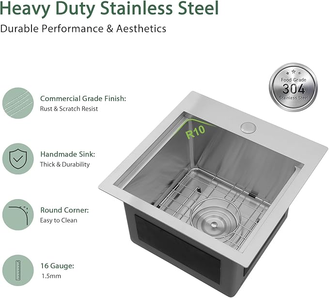15 Inch Drop In Bar Sink Wet Bar RV Sink 16 Gauge Stainless Steel Single Bowl Handmade Small Kitchen Sink 15"x15"x9"