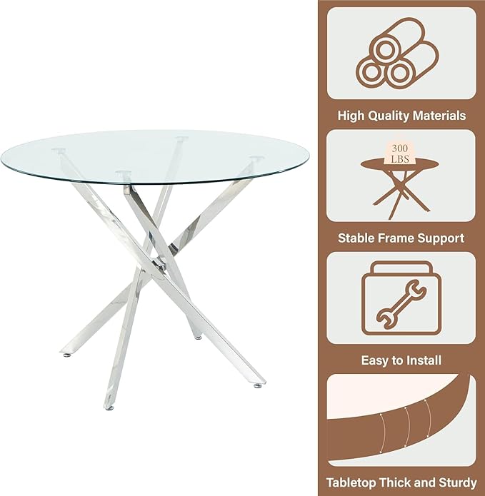 36-Inch Round Tempered Glass Dining Table for 2-4 Person Space-Saving Small Kitchen Table with Heavy-Duty Metal Legs Perfect for Dining Room, Apartment, Condo (Silver)