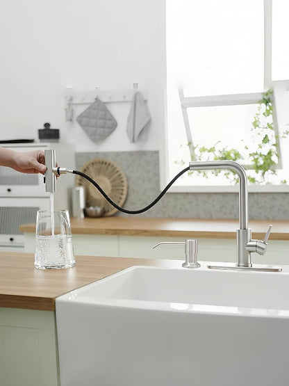 Kitchen Faucets with Pull Down Sprayer,Waterfall Kitchen Sink Faucet with Soap Dispenser,Utility Stainless Steel Kitchen Faucets,Single Handle Kitchen Sink Faucet with Pull Down Sprayer for 3 Function