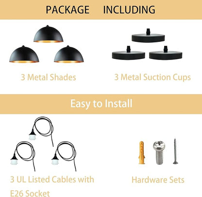 Takor 3 Pack Metal Pendant Light Fixtures, Rustic Ceiling Lights, Industrial Adjustable Hanging Lamp with E26 Base, Farmhouse Pendant Lighting for Kitchen Island, Living Room, Black(Bulb Not Included)