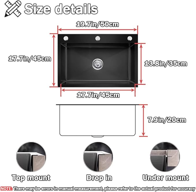 19.7 * 17.7in Drop In Kitchen Sink,Black Stainless Steel Single Bowl Sink,Topmount Workstation Sink With Pull Out Faucet,Soap Dispenser And Drain Basket
