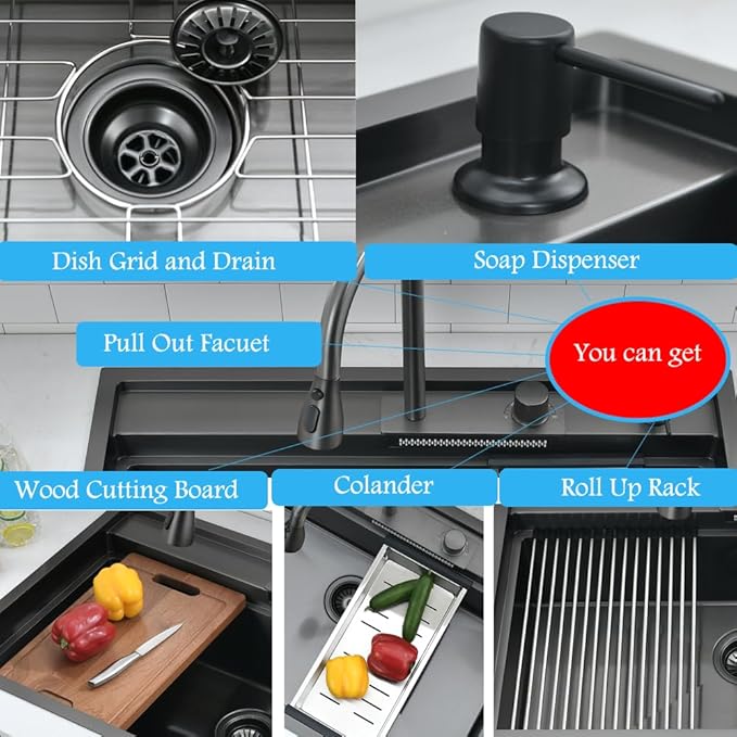 33 Inch Black Waterfall Drop In Kitchen Sink Workstation -Bokaiya 33x19 Black Stainless Steel Smart Sink with Faucet Combo 16 Gauge 10" Deep Top Mount Single Bowl Modern Kitchen Sink