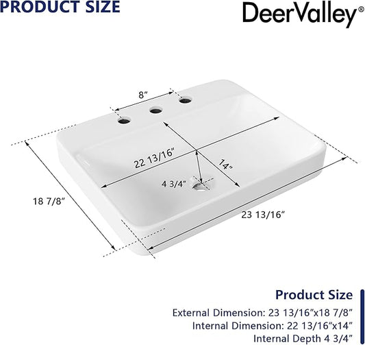 DeerValley 24x19 Inch Rectangular Drop-in Bathroom Sink, White Semi Recessed Vessel Sink with Overflow and Three Faucet Holes, Ceramic Vanity Basin, DV-1DS0121