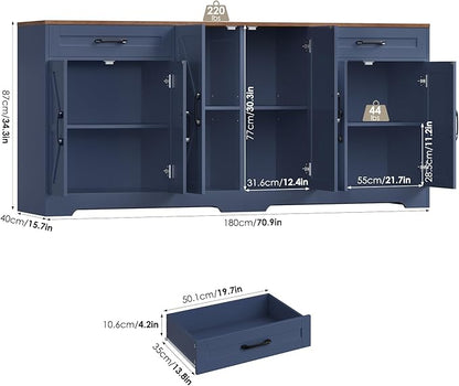 71” Large Sideboard Buffet Cabinet with Storage, Farmhouse Kitchen Buffet Cabinet with Adjustable Shelves and 6 Barn Doors, Wood Coffee Wine Bar Console Table for Kitchen, Dining Room, Navy Blue