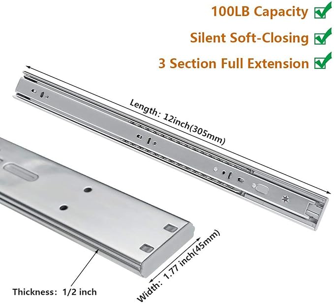 LONTAN 5 Pairs Soft Close Drawer Slides 12 inch Heavy Duty Ball Bearing Dresser Drawer Glides 9.76" Extension Side Mount Kitchen Cabinet Rails 100lb Capacity