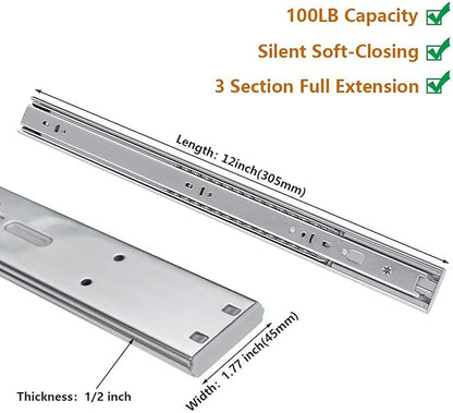 LONTAN 5 Pairs Soft Close Drawer Slides 12 inch Heavy Duty Ball Bearing Dresser Drawer Glides 9.76" Extension Side Mount Kitchen Cabinet Rails 100lb Capacity