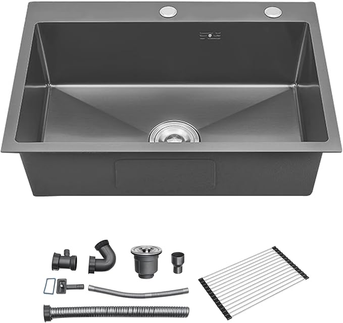 33 Inch Drop In Kitchen Sink, Top mount SUS304 Stainless Steel Nano Gunmetal Black Single Bowl Sink, Prep Kitchen, Bar 33 x 22 x 9 inch