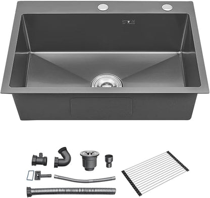 33 Inch Drop In Kitchen Sink, Top mount SUS304 Stainless Steel Nano Gunmetal Black Single Bowl Sink, Prep Kitchen, Bar 33 x 22 x 9 inch