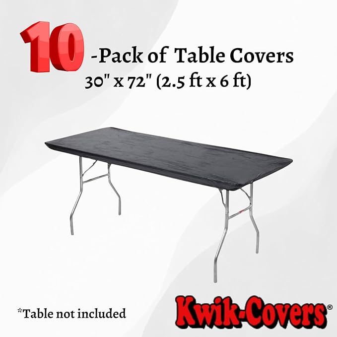 Kwik-Covers 6' Rectangular Plastic Table Covers 30" x 72", Bundle of 10 (Black)