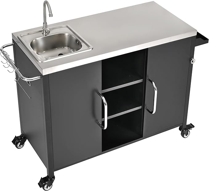 JIJIWANG 55.5" Outdoor Kitchen Island with Stainless Steel Sink, Outdoor Bar Cart Sink Station with 4 Lockable Wheel for Pizza Prep & BBQ Black