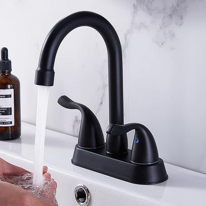 HOTIS Matte Black 4-Inch Centerset Bathroom Faucet, 2-Handle 3-Hole Sink Faucet with Pop-up Drain & Supply Lines