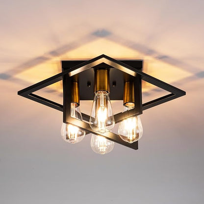 Semi Flush Mount Ceiling Light Fixture, 4 Light Industrial Ceiling Light,Black Frame & Gold Accent, Close to Ceiling Farmhouse Lighting for Kitchen, Bathroom, Bedroom, Hallway (E26,1-Pack)