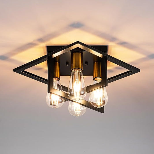 Semi Flush Mount Ceiling Light Fixture, 4 Light Industrial Ceiling Light,Black Frame & Gold Accent, Close to Ceiling Farmhouse Lighting for Kitchen, Bathroom, Bedroom, Hallway (E26,1-Pack)