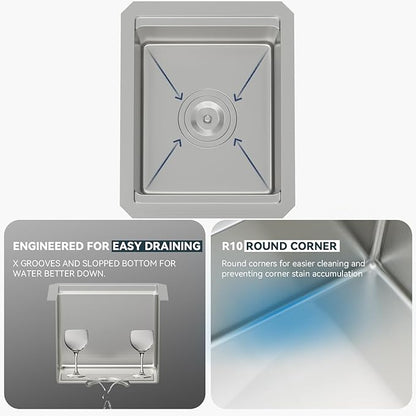 Lordear 12 Inch Undermount Bar Sink Workstation 16 Gauge T304 12 x 15 Stainless Steel Bar Kitchen Prep Single Bowl Small Kitchen Sink with Cutting Board